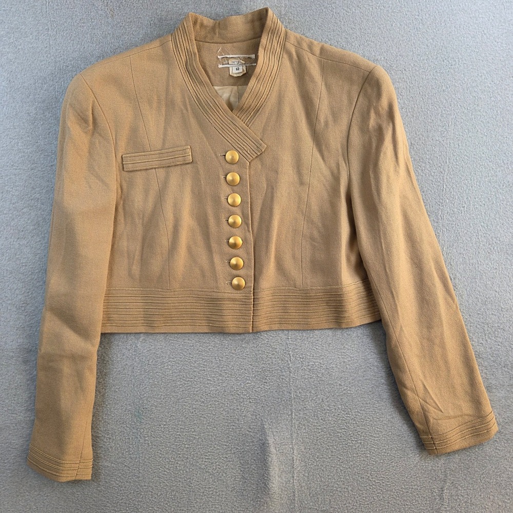 Vintage Cropped Blazer Women Size 12 Tan Gold Button Military Style Pintuck